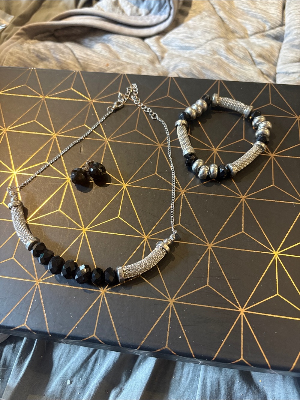 Silver & Black Beaded Necklace, Bracelet and Earring Set